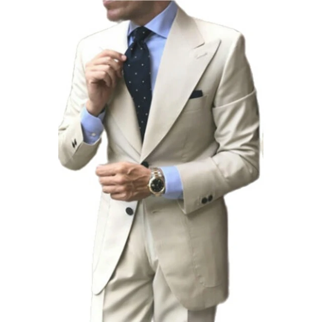 Beige Slim Fit 2 Piece Peak Lapel Suit for Men by