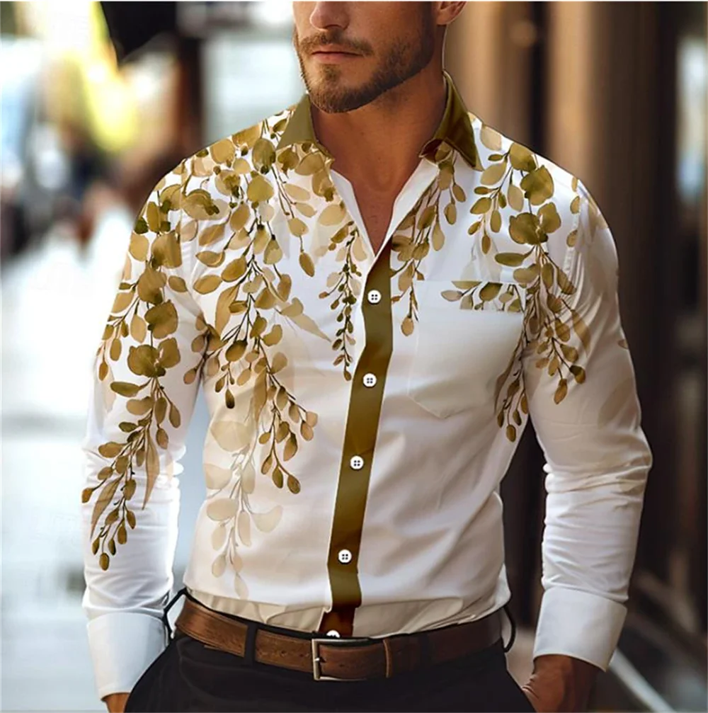 thumbnail image 1 of Camisas casuales con estampado floral para hombre, para exteriores, calle, suaves y cómodas, para uso diario, con solapa, para otoño, camisas de gran tamaño, 1 of 5