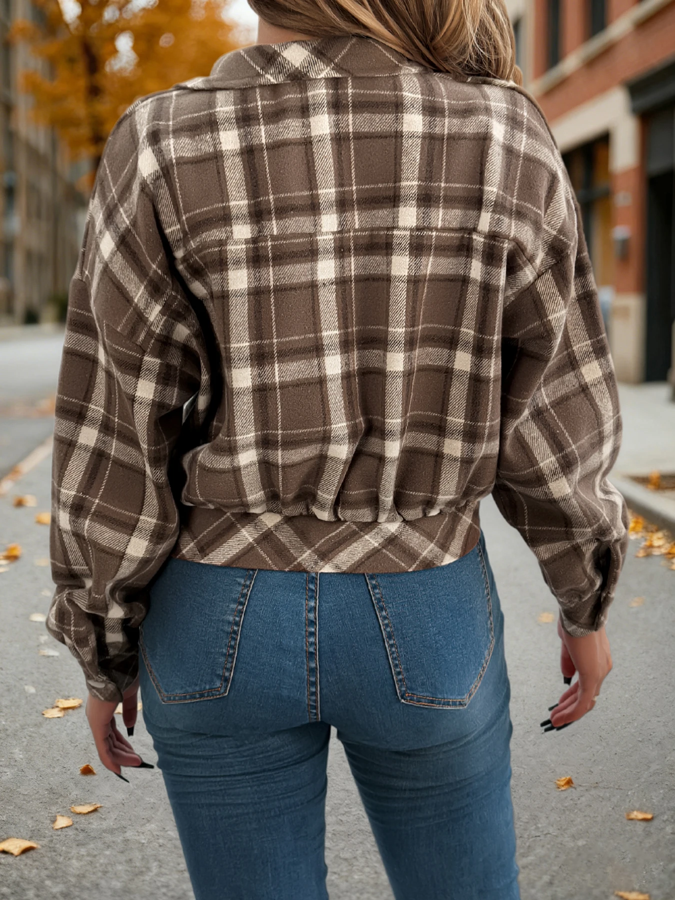 Womens Woolen Plaid Cropped Jacket Autumn Winter