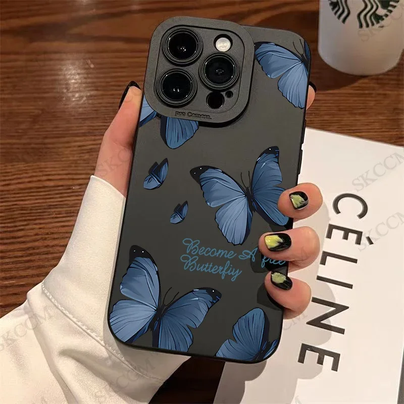 Elegant Blue Butterfly Silicone Shockproof Matte Phone Case – Soft Back Cover