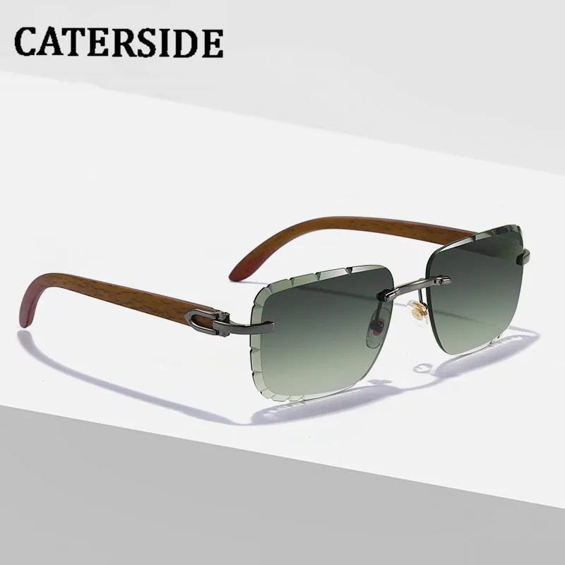 CATERSIDE Fashion Rectangle Rimless Sunglasses Men Wood 2022 Luxury Brand Designer Trendy Classic Frameless Sun Glasses UV400