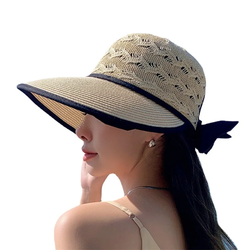 Women Ponytail Straw Sun Hat Wide Brim Visor Summer Adjustable Cap Sun Beach Foldable Hats 5