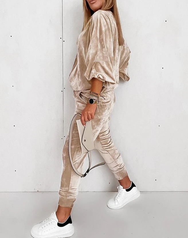 Women's Pants Set 2023 New Hot Selling Fashion Long Sleeve Velvet V-Neck Zipper Lantern Sleeve and Casual Pocket Design Pants