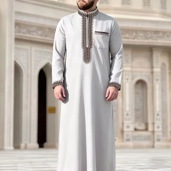 Moroccan men's thobe, long sleeve ethnic style embroidered stand collar zipper design Muslim men's fashionable Abaya Arabic fest