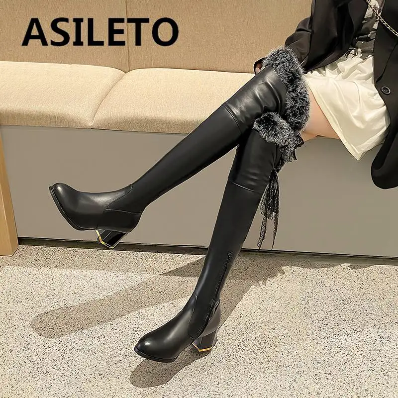

ASILETO модные женские сапоги до бедра 54 см круглый носок блочные каблуки 6 см плюшевые теплые туфли на молнии ленты сексуальные вечевечерние НКИ большой размер 45 46 47 48