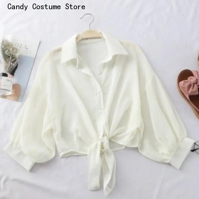 White Tops Chiffon Women New  Shirts Summer Half Sleeve Buttoned Up Loose Casual Sunny Shirts Female Tied Waist Elegant ray horse folding umbrella for men and women pongee cloth 3 folding sunny and rainy 12k gifts