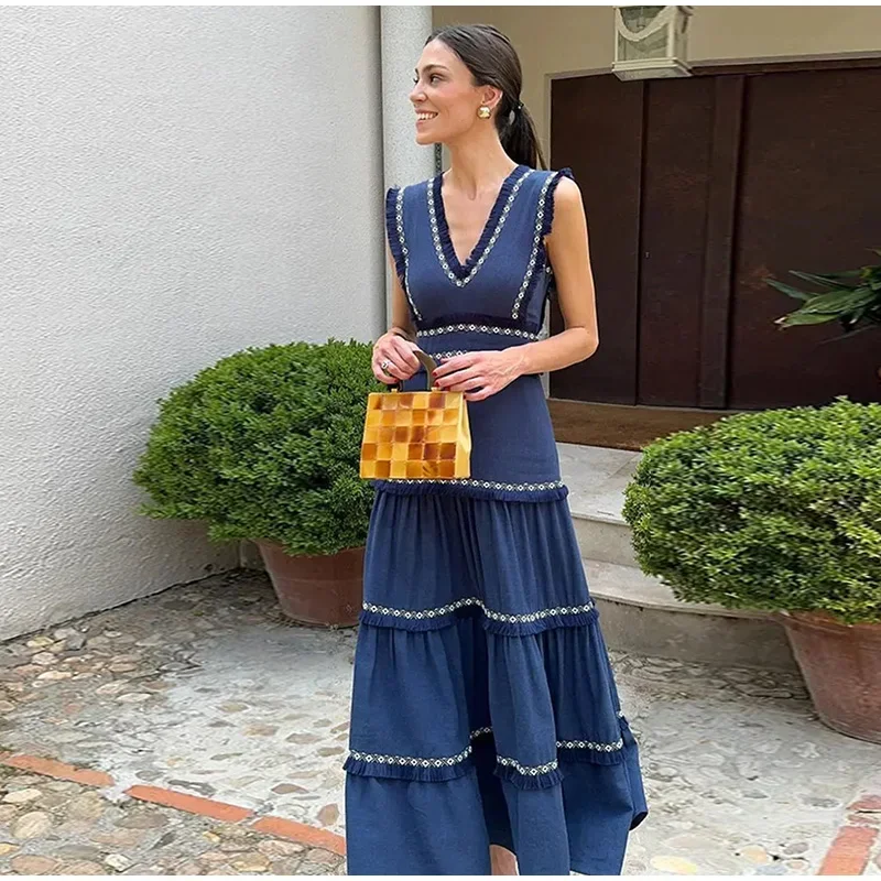 Chic Elegant Tassel Spliced Print Ruffles Long Dress Women Fashion V Neck Sleeveless A-line Robe Chic Lady Holiday Robe