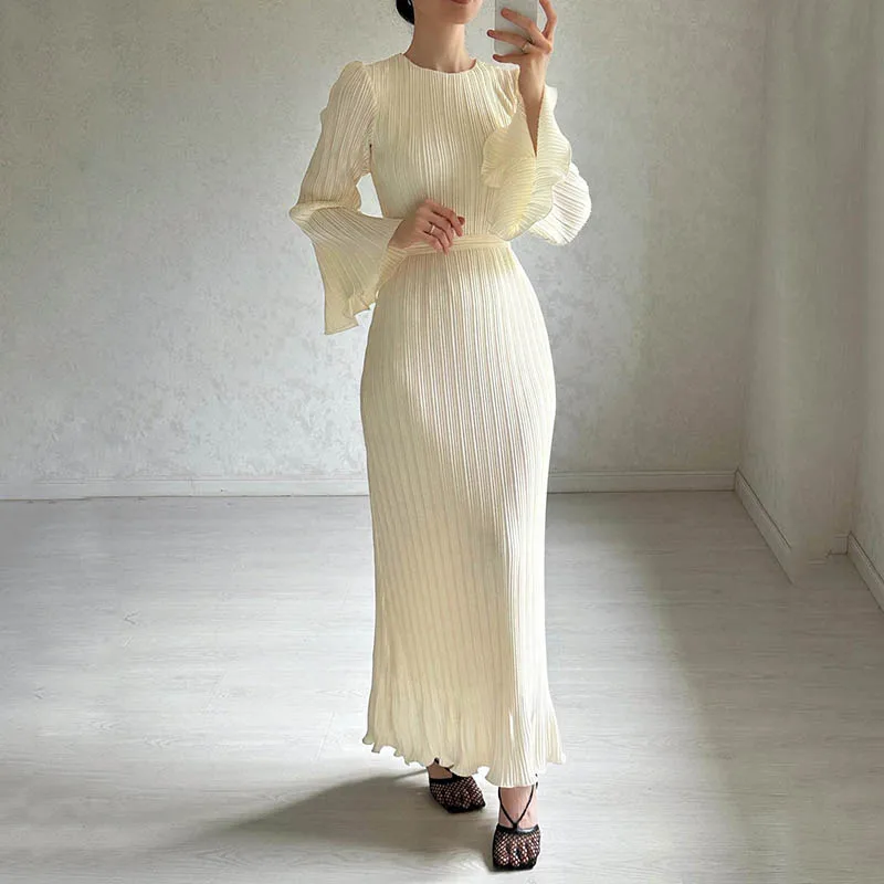 

Fashion O-neck Flared Long Sleeves Maxi Dress Women Elegant Hight Waisted Ruffled Long Dress Casual Lace-up Solid Party Dresses