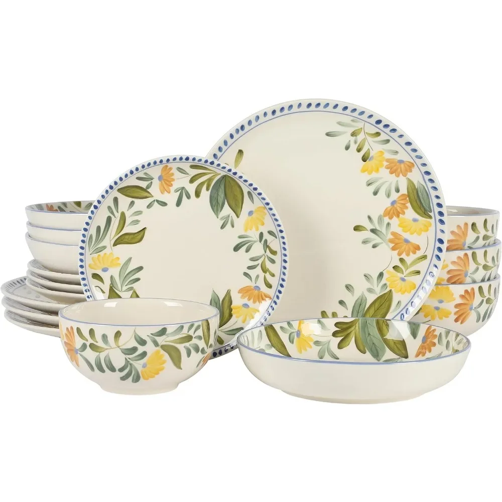 

Набор посуды из 16 предметов, комплект из двух тарелок и мисок из керамики с ручной росписью, с цветочным рисунком, полный набор столовых приборов