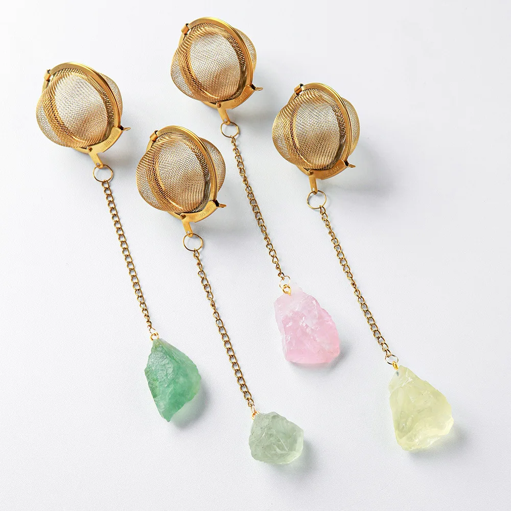 

Natural crystal raw stone tea filter 304 stainless steel tea ball tea cup tea separator crystal stone tea set healing