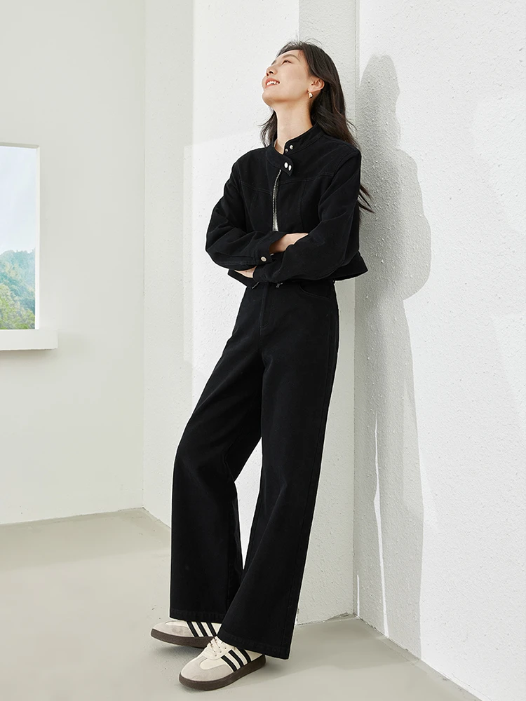 Vimly Black Women's Pantsuit 2024 Spring Short Full Zipper Jacket Baggy Pant 2 Piece Set Cotton 100% Female Matching Sets M5269