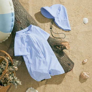 MISOWMNJOY Baby Girl Boy Costume da bagno Estate New Stripe Print Kids Beachwear Manica corta Mezza cerniera Rash Guard Costumi da bagno Set cappello da sole 1