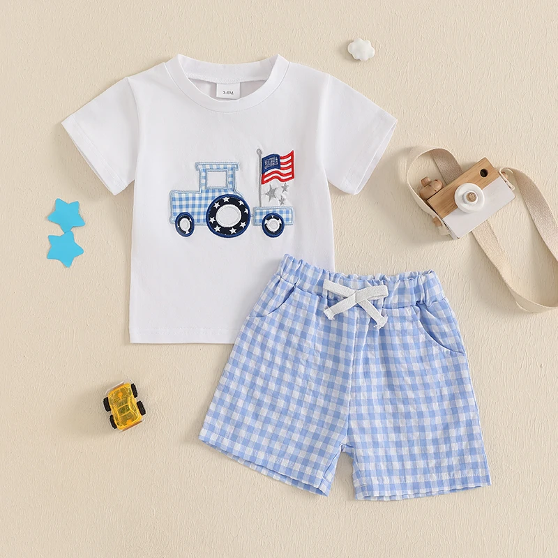 FOCUSNORM 0-3Y Infant Baby Boys Summer Clothes Sets Outfit Truck Embroidered Short Sleeve T-Shirt + Plaid Shorts