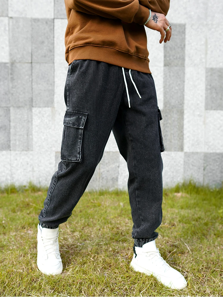 Men's dark gray cargo pants, fashionable street cuffed - bottom cargo pants, minimalist trendy men's jeans 3