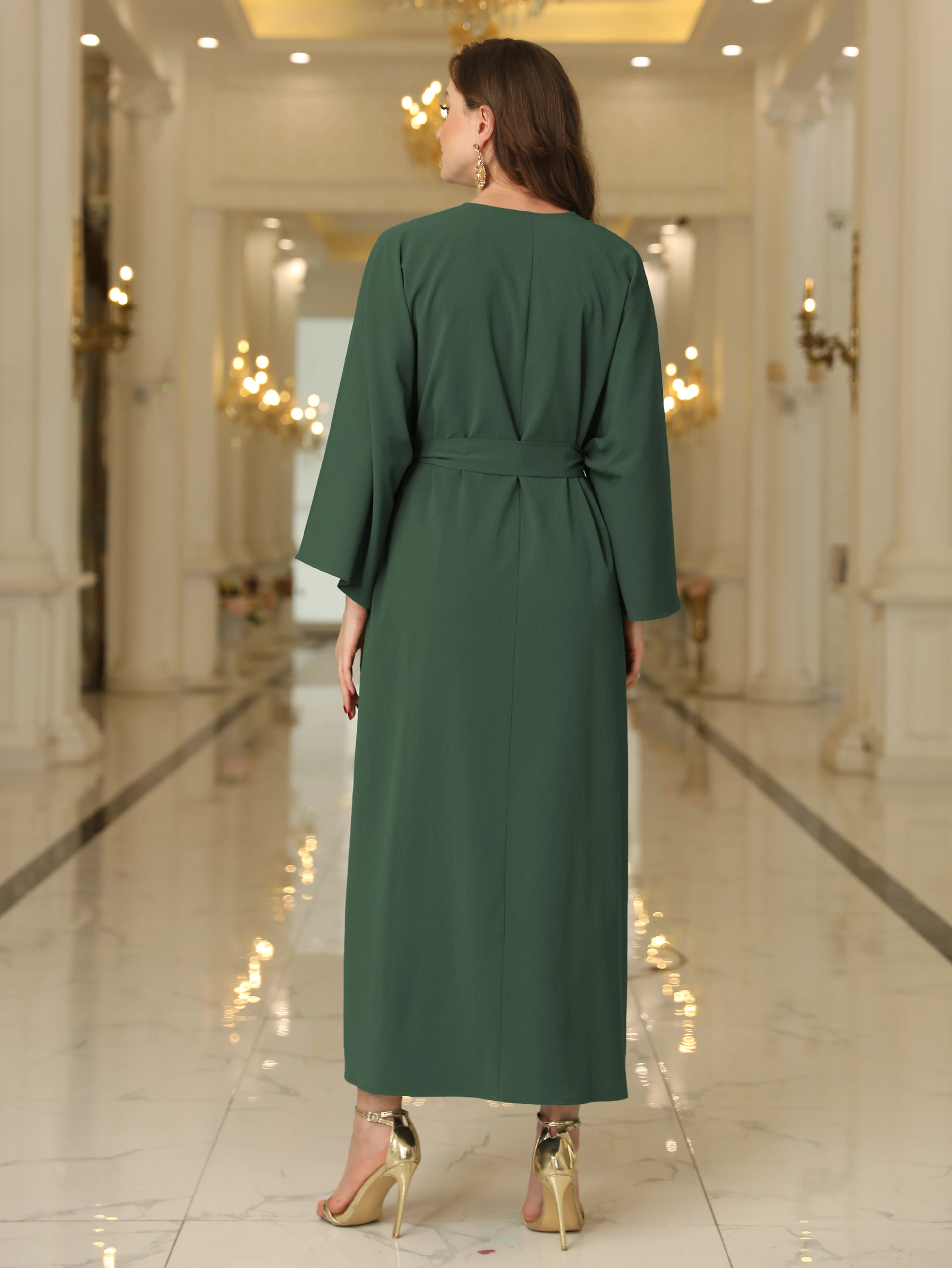 Abaya Ramadan Elegant Solid Color Kaftan Dress Set, Bell Sleeve Open Front Cardigan & Crew Neck Ankle Tank Dress Dress Outfits