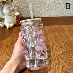 Charming Bow Glass Tumbler with Lid and Straw - Perfect for Iced Coffee, Juice, and Gifts (B)