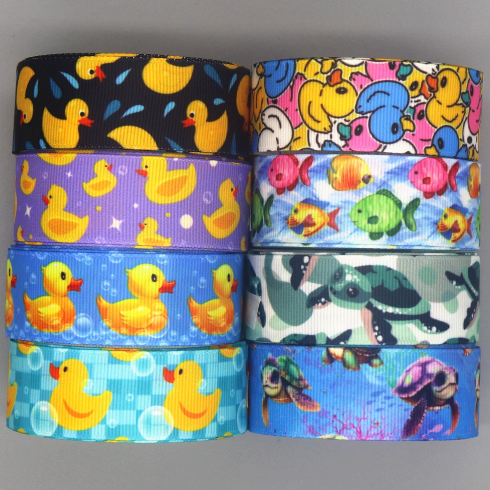 DUWES 50yards Duck Turtle Printed Grosgrain Ribbon Accessories Material Headwear Decoration DIY Sewing Craft D2177