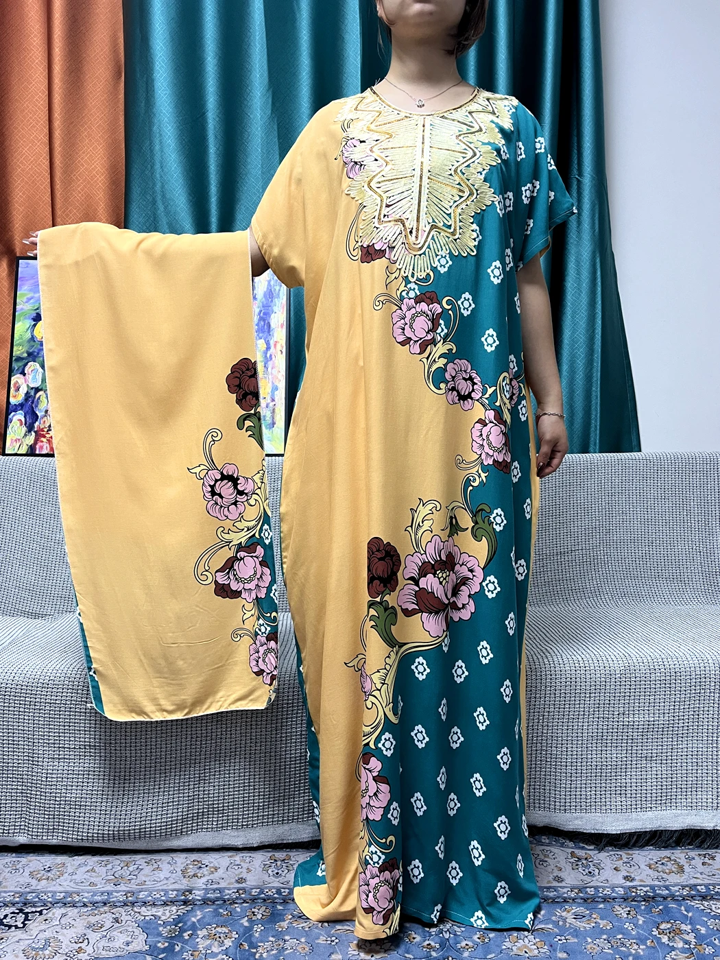 Abayas For Women Appliques Cotton Printed Floral Short Sleeves Loose Fit Femme Robe African Islam Turkey Dresses With Turban