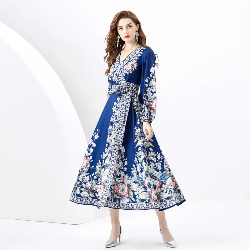 

Spring New Women's Holiday Wrap StyleVCollar Lantern Sleeve with Belt Waist Long Printed Dress