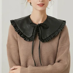 Ruffled Lace Black Faux Leather Fake Collar Shawl Shoulder Wrap Decor Women False Collar Lolita Lapel Detachable Neckline Tie