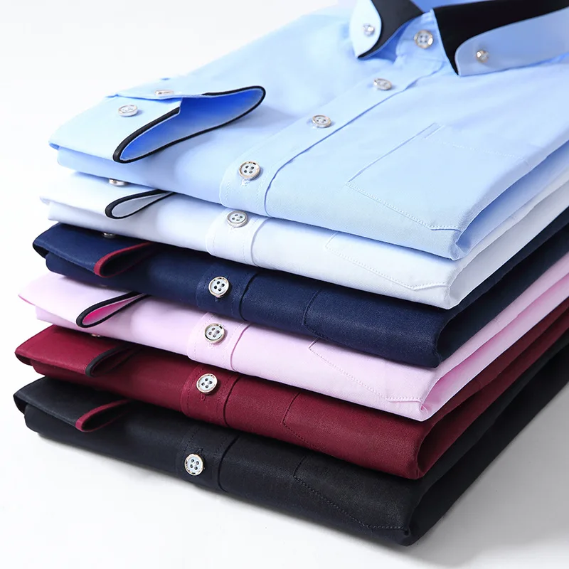 New Men's Contrast Collar Stretch Long Sleeve Shirt Business Casual Comfortable Non-Iron Shirt Slim Fit Youth Solid Color