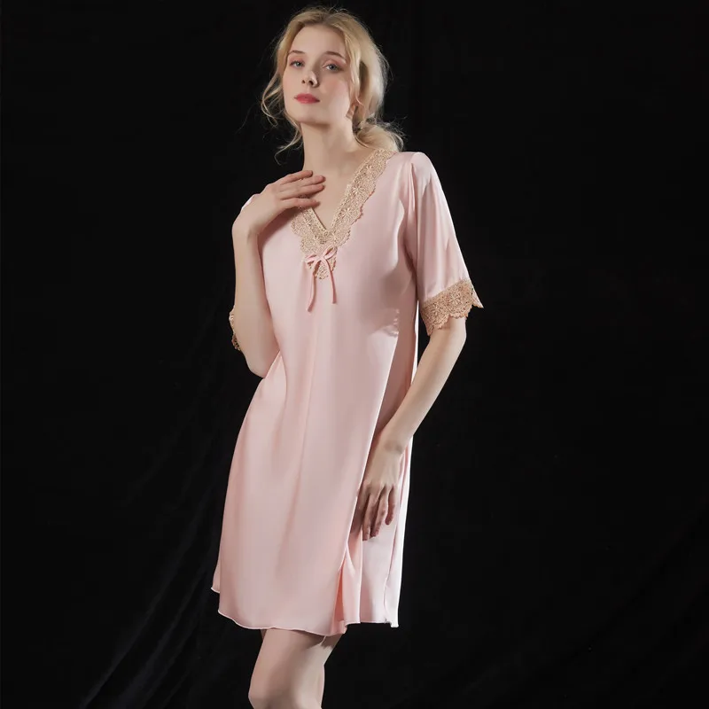 New Spring and Summer Silk Nightdress Homewear Sexy Lace Pajamas Soft Satin Silk Short Sleeve Dress