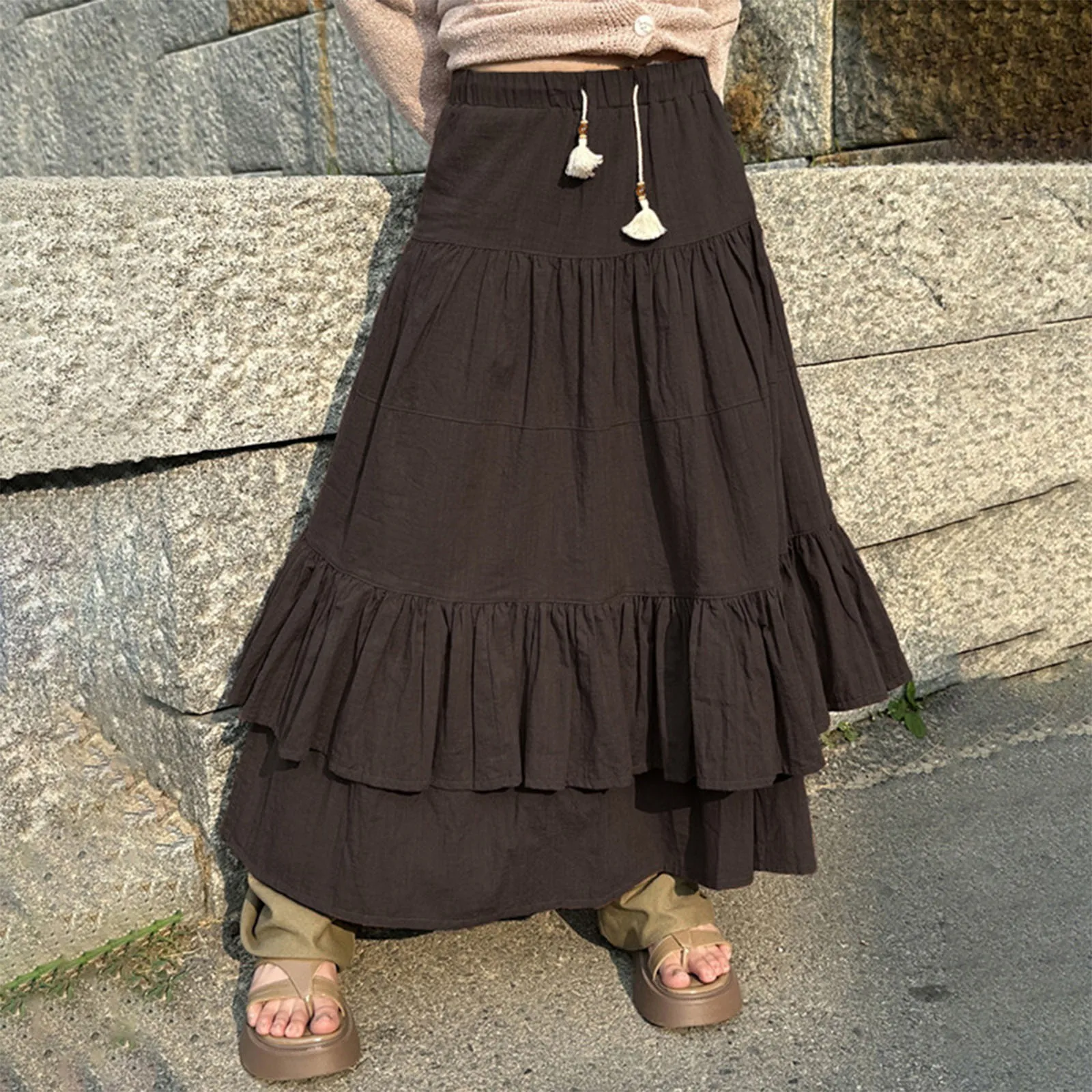 

Vintage Long Skirts for Women Fairy Grunge Solid Color High Waist Tie Up Tiered Skirt 90s Aesthetic Boho Ruched Midi Skirt