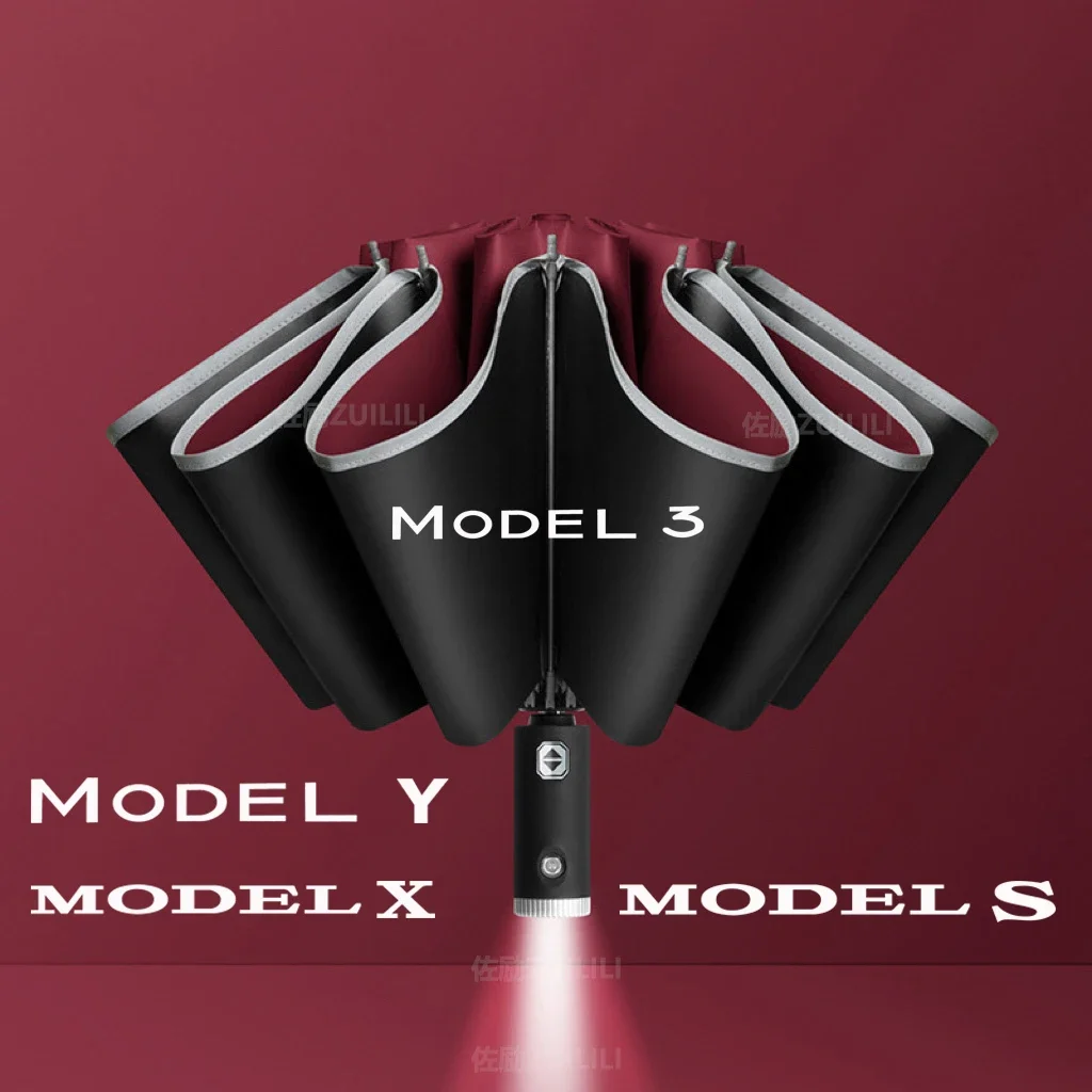 Automatic Reflective Stripe Reverse Led Light Windproof Umbrella For Tesla Model Y Model 3 X S Roadster