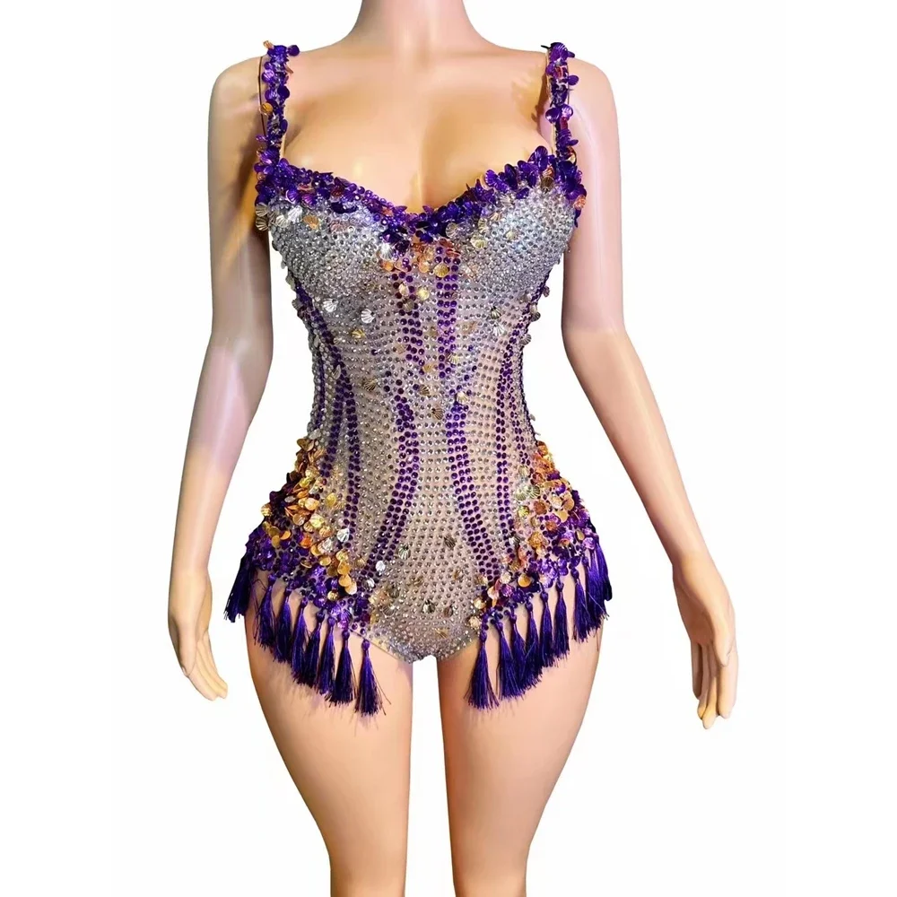 Sparkly Rhinestones Sequins Tassels V Neck Bodysuit Women Sexy Performance Dance Costume Nightclub Singer Dancer Stage Wear dance dress rhinestones dress women costume set sexy evening dress