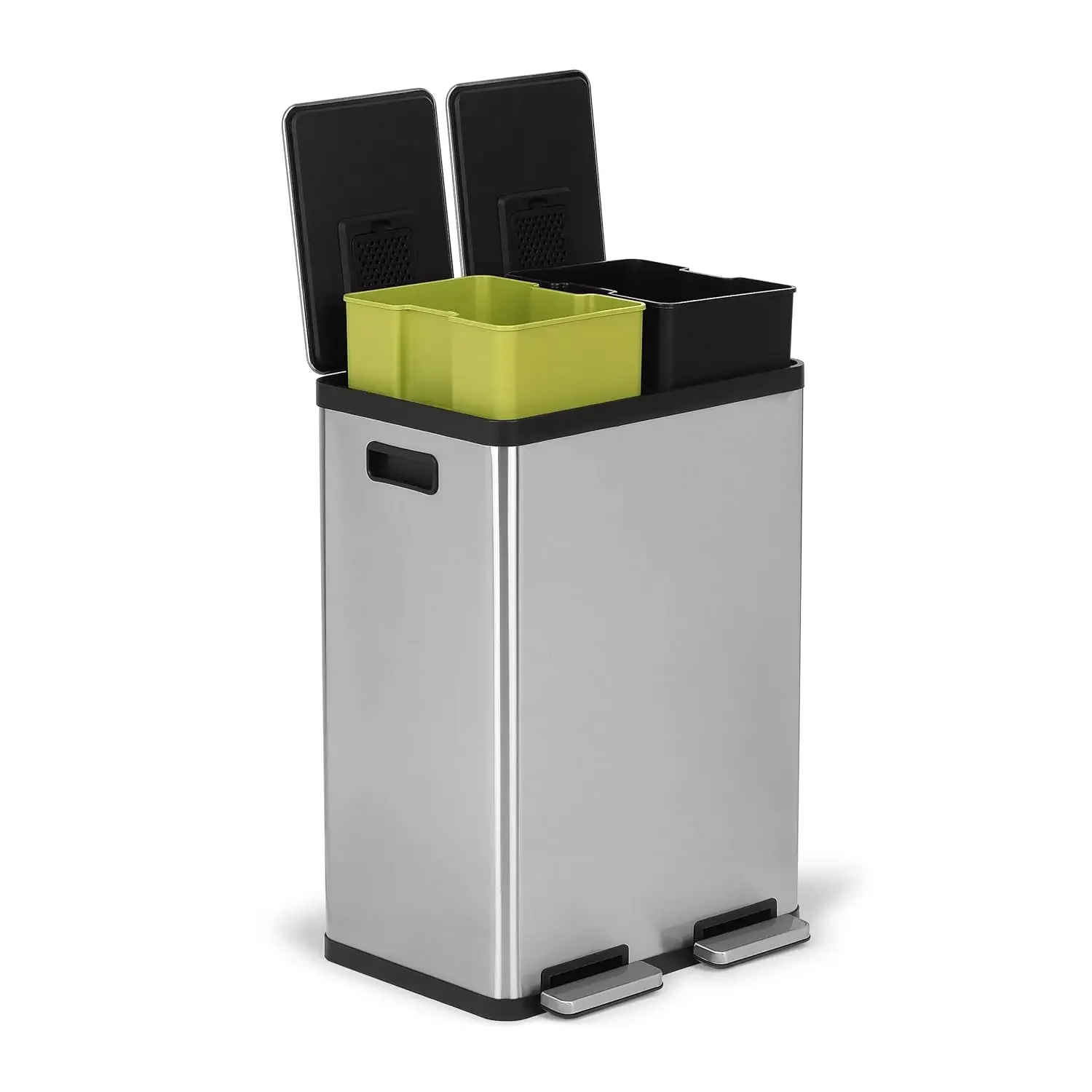 60 Liter / 16 Gallon Rectangular Hands-Free Dual Compartment Recycling Kitchen Step Trash Can with Soft-Close Lid, Brushed Stain 2