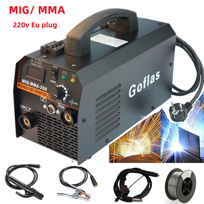 Equipo de soldar semiautomático sin Gas soldadura por arco de 220V, enchufe europeo 2 en 1 MMA/ MIG