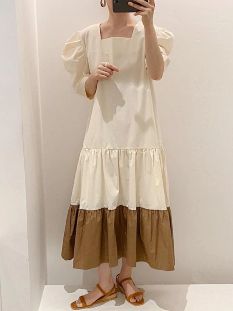 

Dresses for Women Summer Fashion Short-sleeve Square Neck Contrast Color Put Together Loose Puff Sleeve Elegant Vintage Dress