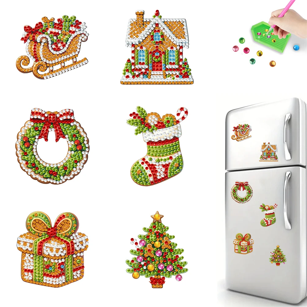 6Pcs Christmas Fridge Magnets Diamond Art Diamond Painting Kits Diamond Painting Magnets for Home Decor DIY Art Crafts