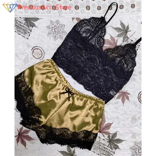 여성 레이스 V 넥 잠옷 세트, 란제리, 민소매, 잠옷, 크롭트, 여성 잠옷, 섹시한 새틴 파자마 세트, 상의 및 반바지, 1 세트 4