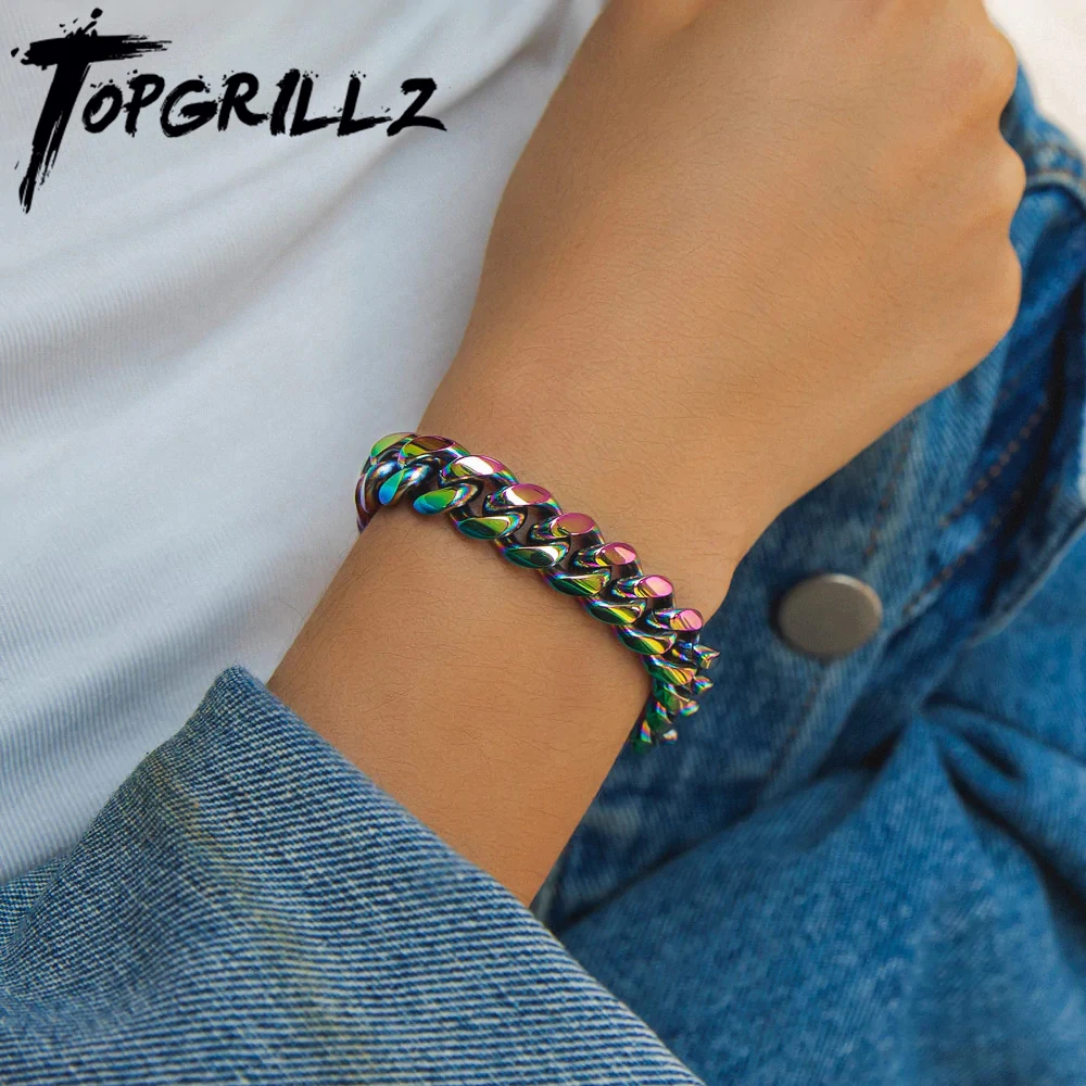 TOPGRILLZ Stainless Steel Bracelets 10mm 14mm Cuban Bracelet Hip Hop Rock Fashion Colorful Chain Jewelry Gift For Men