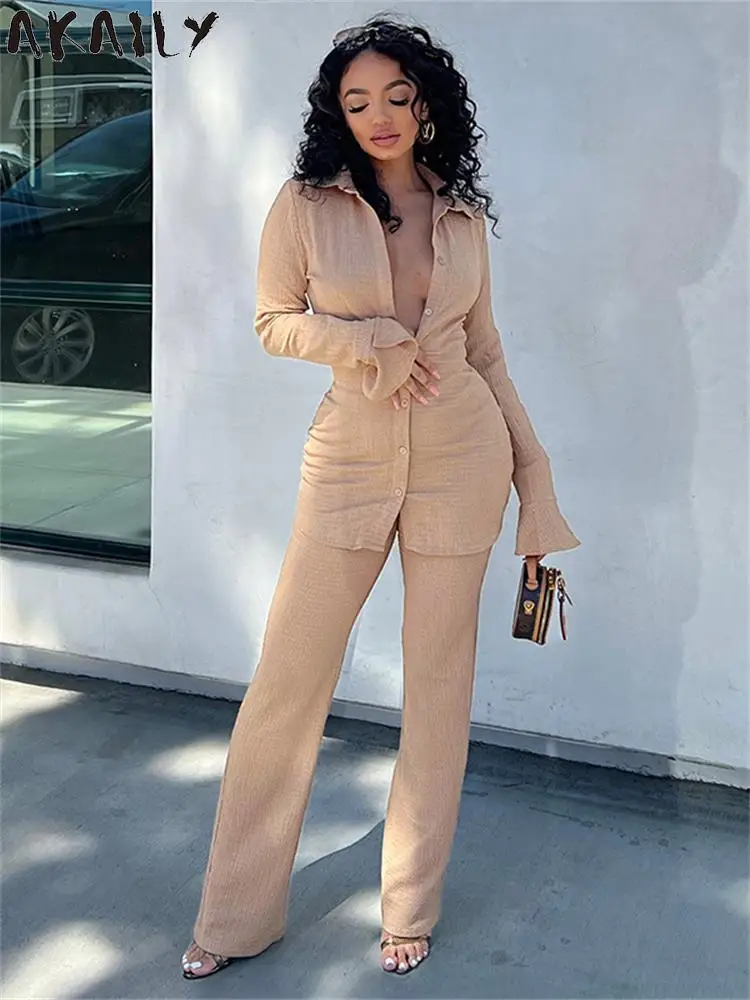

Akaily Fall Khaki Long Sleeve 2 Two Piece Pants Sets Streetwear Outfit For Women 2023 Fashion New Long Cardigan Causal Pants Set