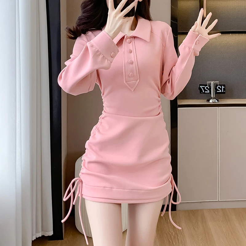 

Korean Bodycon Sweatshirt Dress Woman 2023 Autumn Long Sleeve Polo-collar Slim Waist Hoodie Dresses Drawstring Sexy Mini Vestido