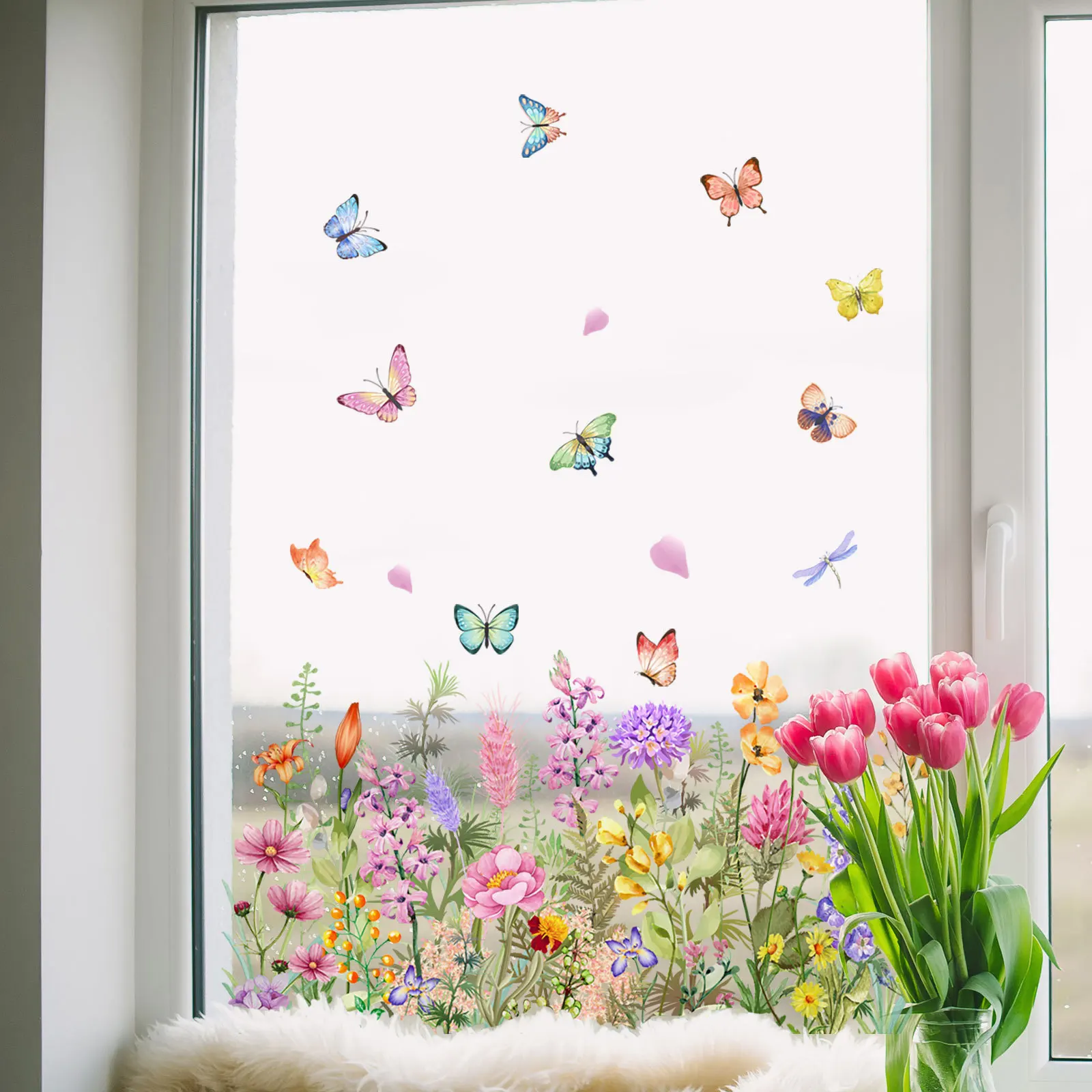 Watercolor Colored Flowers Butterflies Plants Window Stickers Removable for Bedroom Living Room Nursery Decoration Wall Decal wall stickers,wall sticker