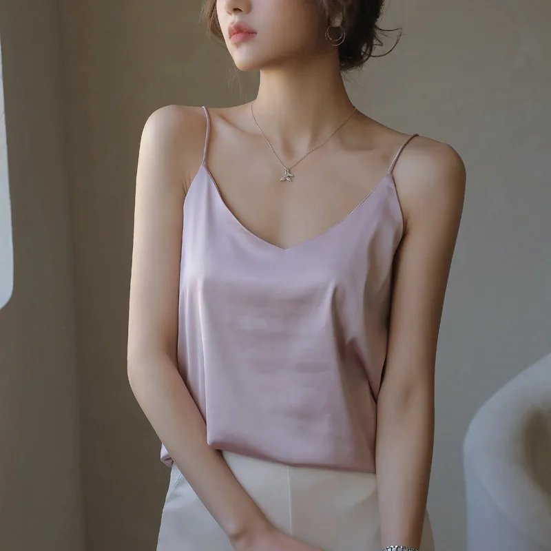 MOONBIFFY Summer Fashion Silk Vest Tanks Women Basic Satin Sling Tops Versatile Solid Loose Sling Camis Female Tank Top