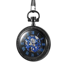 

Black Retro Mechanical Hand Wind Antique Pocket Watch Exquisite Men Roman Numerals Display Skeleton Pendant Clock Gifts Elder