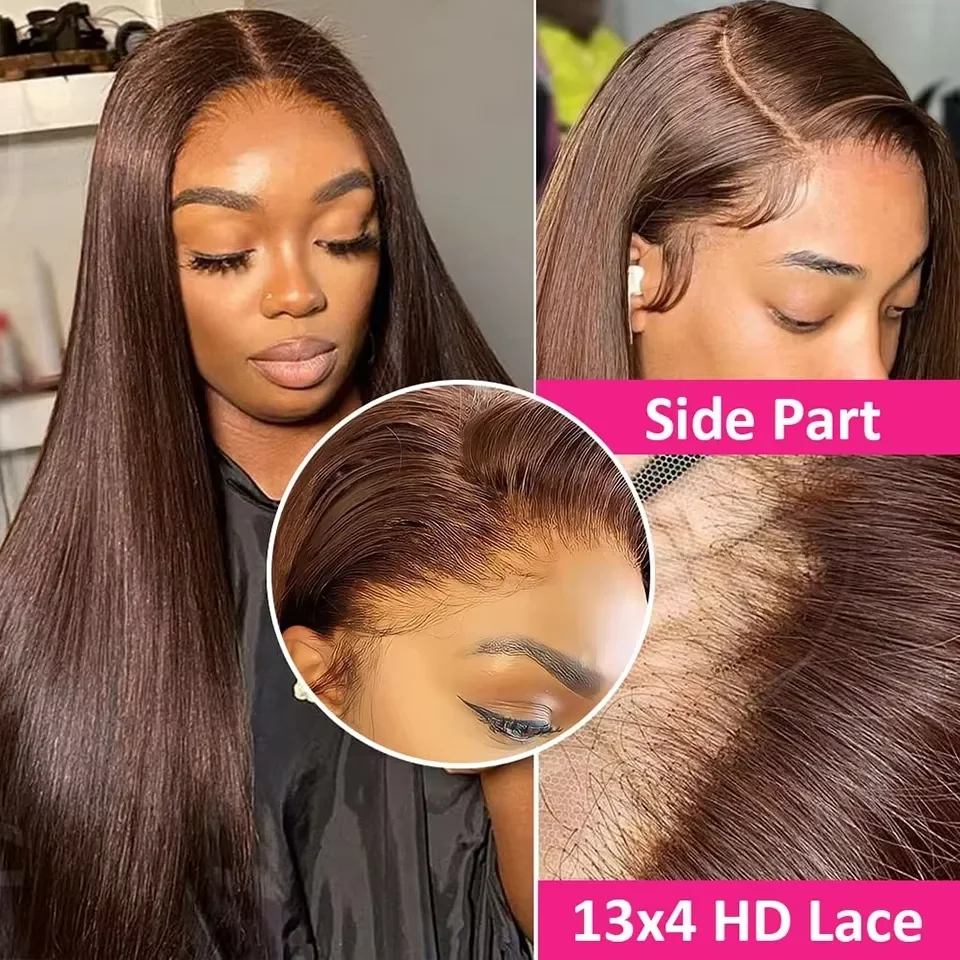 36 inch Chocolate Brown Straight Layered Cut Wig 13x4 13x6 HD Human Hair Lace Frontal Wigs 220% Density Brazilian 4# Brown Wigs