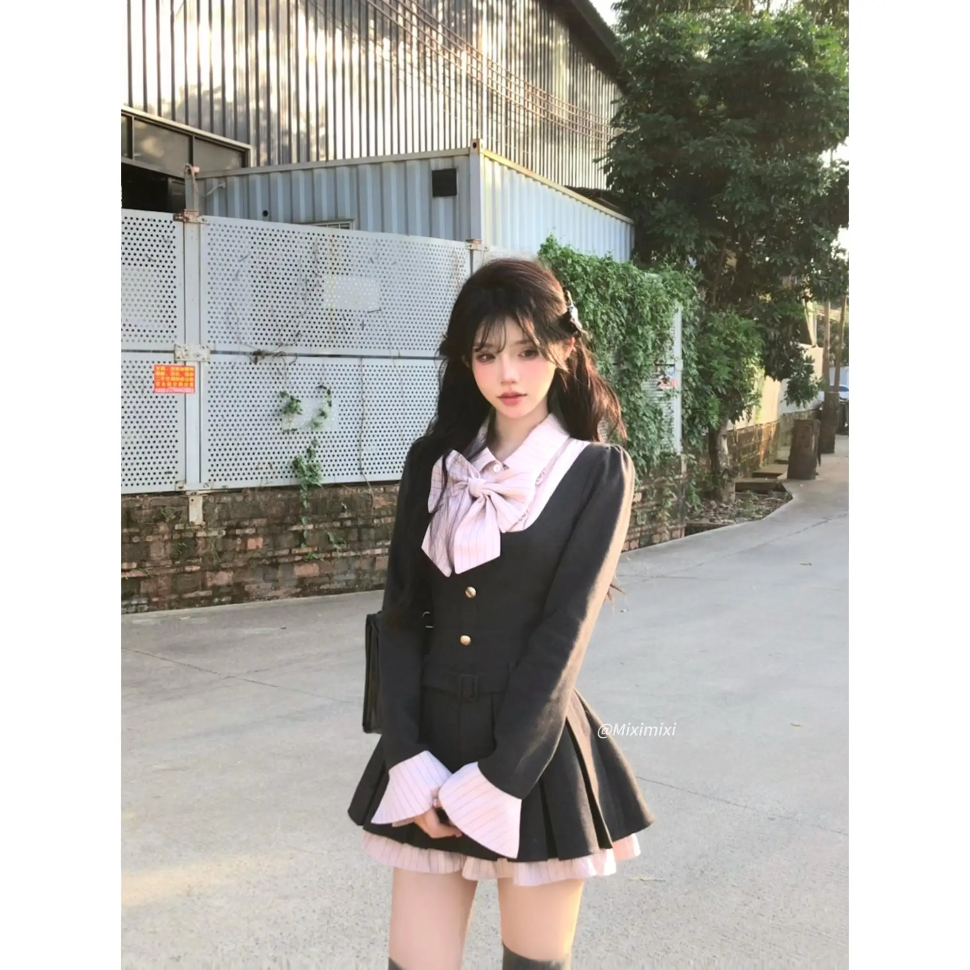 Y2K Blazer Dresses for Women Preppy Style Autumn New Patchwork Long Sleeve Pleated A-line Bow Korean Fashion Female Clothing