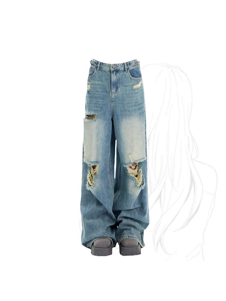 

Women Jeans Y2k Wide Leg Pants Vintage Baggy High Waist Straight Ripped Jeans Korean Hip Hop Blue Denim Trousers Streetwear 2023