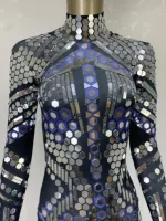 Women Black Geometric Sequins Long Sleeved Stretch Tight Jumpsuit Y2K Bar Nightclub DJ Female Singer Stage Performance Clothing - Image 5