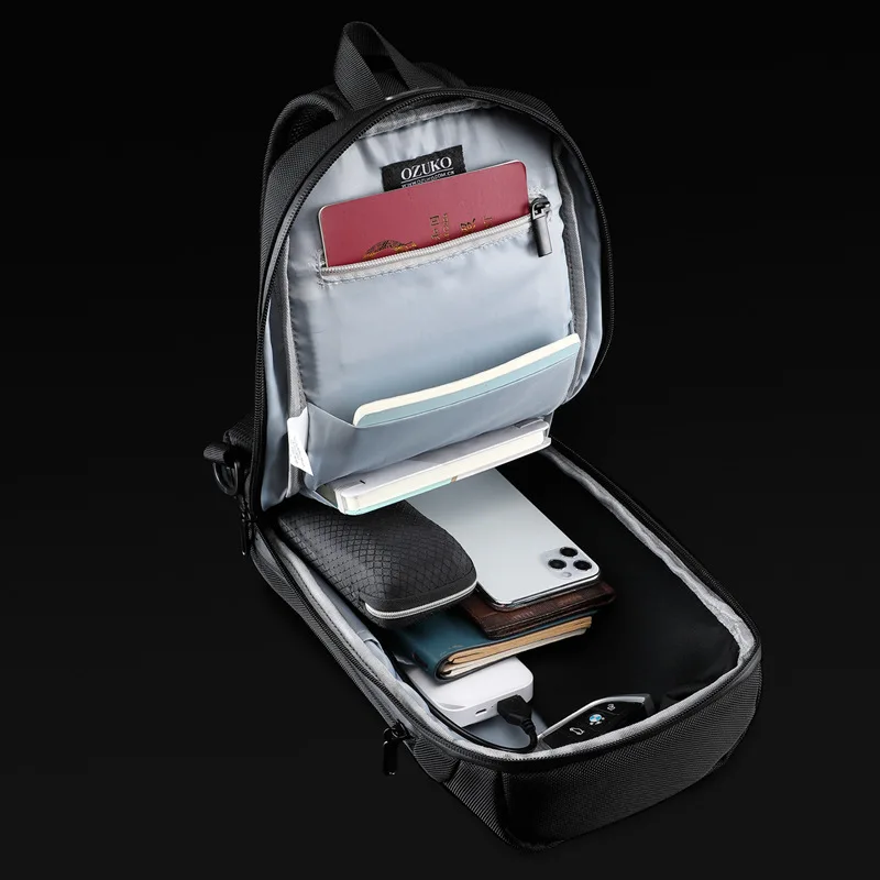 OZUKO Casual USB Sling Bag carregamento para homens, multifunções Crossbody Bag, sacos anti-roubo de ombro Messenger, saco impermeável masculino