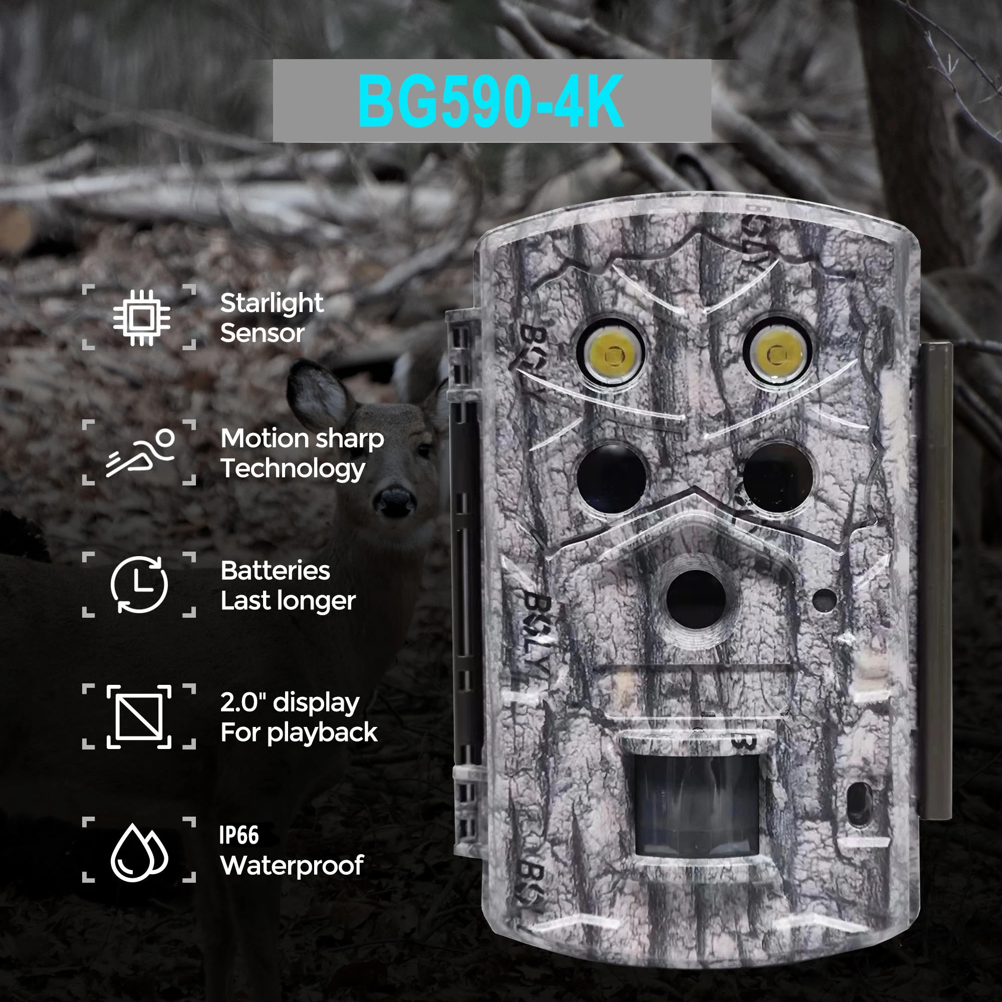 BolyGuard BG590-4K 45MP IP68 Waterproof Hunting Camera 0.7s Trigger Time 940nm 100ft Night Vision Camera 2" Display Waterproof