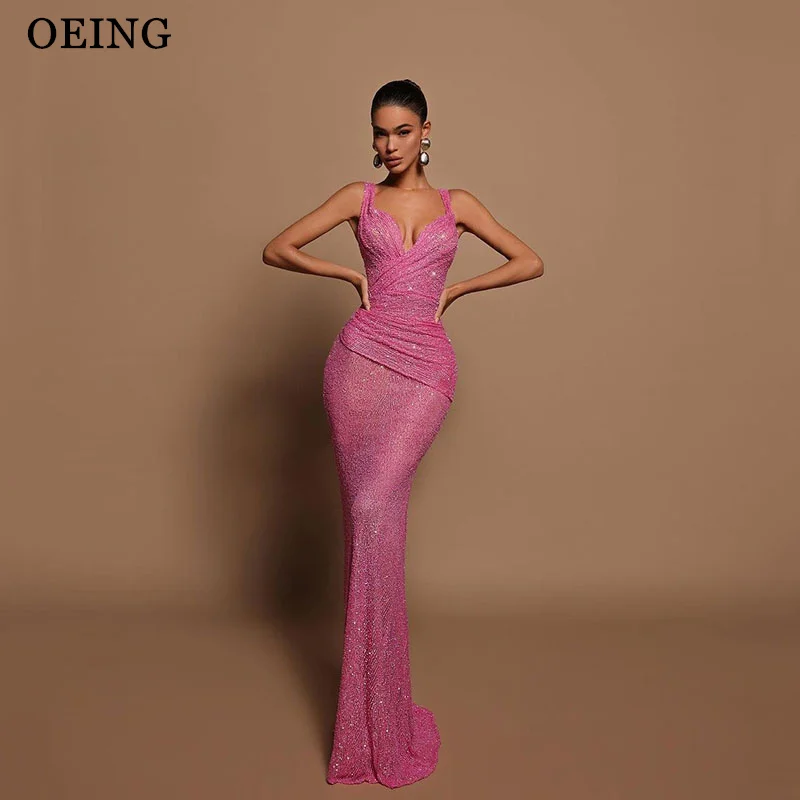 

OEING Pink Mermaid Prom Dress Glitter Gala Pleated Ladies Evening Dresses For Women 2024 Special Occasion Gown Vestidos De Noche