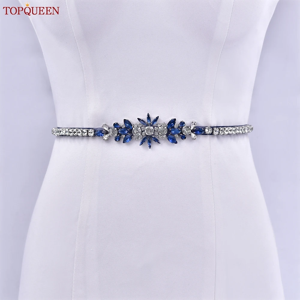 TOPQUEEN Blue Diamond Bridal Ribbon Belt Banquet Evening Dress Jewelry Sash Wedding Accessories Women Waist Decoration S166-ML