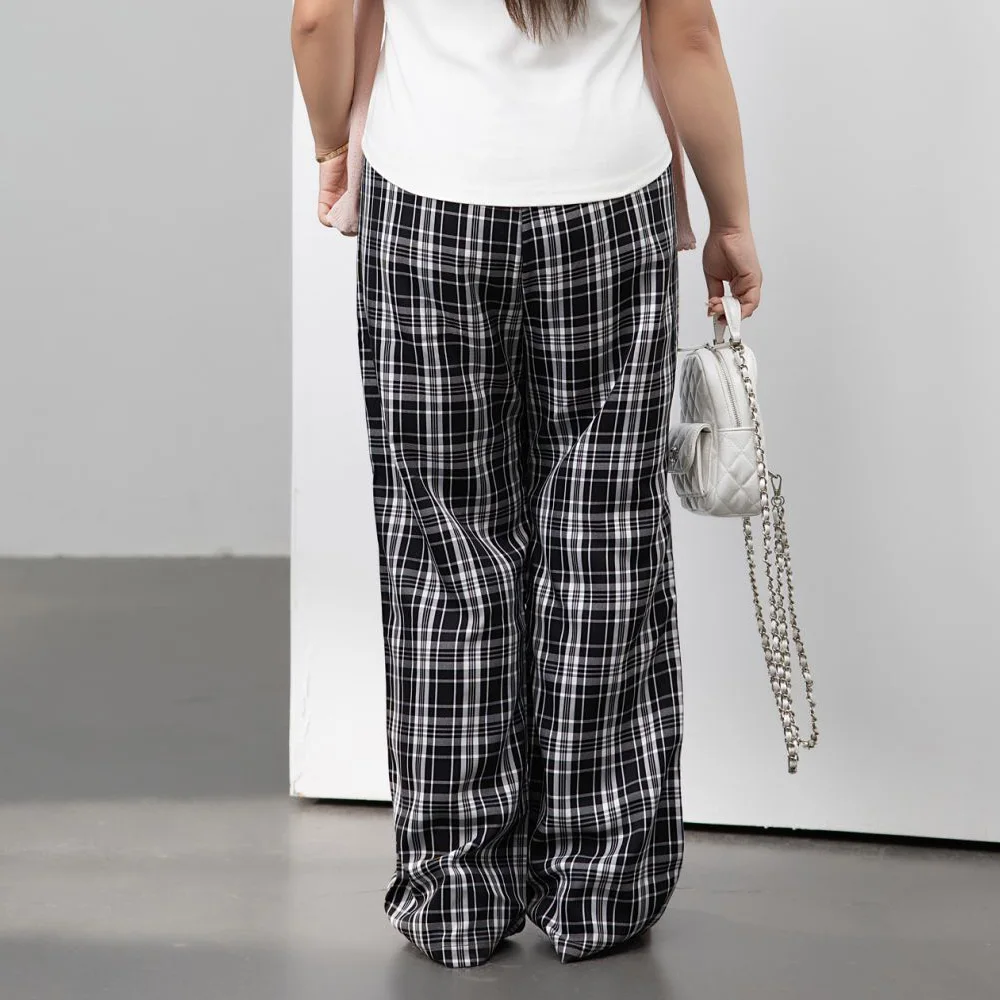 Premium Plaid High Waisted Loose Straight Leg Long Pants Plus Size Women Casual Preppy Style CHIC RETRO Trousers 8444