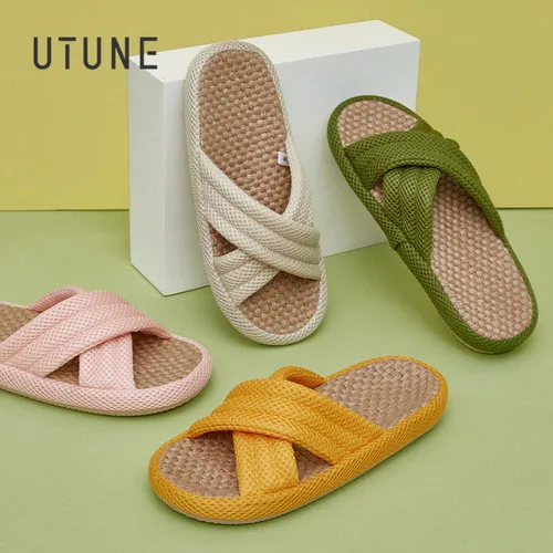 UTUNE 여성용 린넨 슬리퍼, 여름 야외 무소음 가벼운 휴가 여행 편안한 신발, 미끄럼 방지 플랫 두꺼운 밑창 홈 슬라이드 5